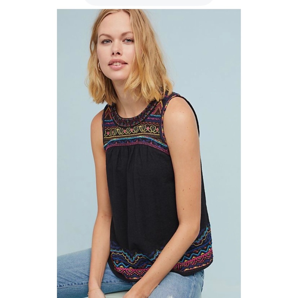 Anthropologie Akemi+Kin Mesa Black Embroidered Top Size 6 Boho Festival Peasant